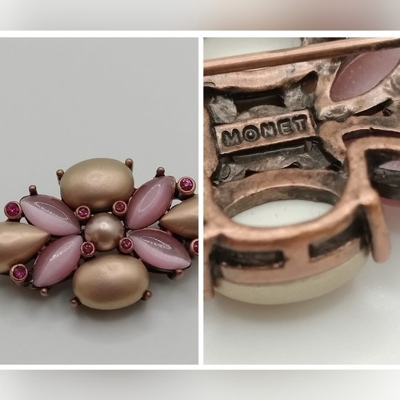 Vintage Brass Monet Pink Mauve Cabochons Rhinestones 1 3/4" Brooch Pin - Picture 1 of 6